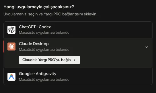 Yargı PRO Masaüstü, yapay zekâ bağlama ekranı: Claude Desktop seçili, “Claude’a Yargı PRO’yu bağla” düğmesi.